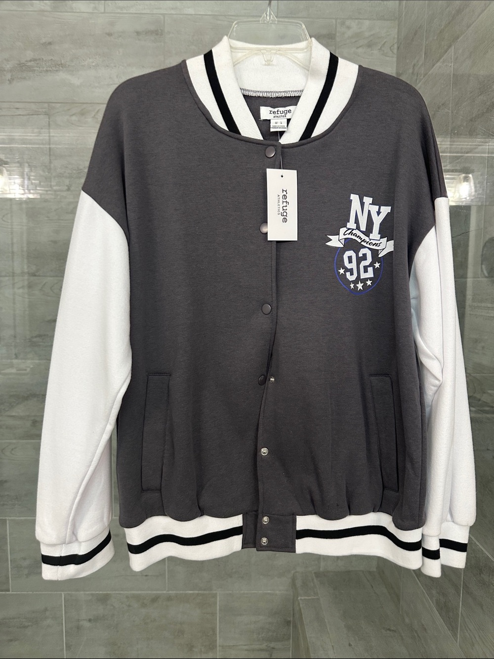 NEW refuge Charcoal & White NY 92 Varsity Jacket